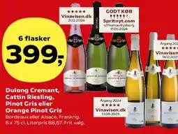 Kvickly 6 flasker vin (Dulong Cremant, Cattin Riesling, Pinot Gris eller Orange Pinot Gris) tilbud