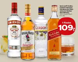 Kvickly Smirnoff Vodka, Captain Morgan, Gordon's Gin eller Johnnie Walker Red Whisky tilbud