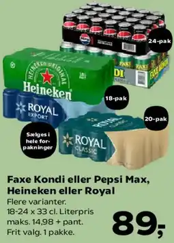 Kvickly Faxe Kondi eller Pepsi Max, Heineken eller Royal tilbud