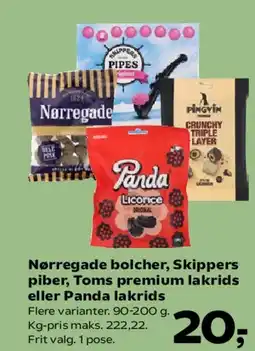 Kvickly Nørregade bolcher, Skippers piber, Toms premium lakrids eller Panda lakrids tilbud