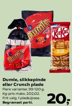 Kvickly Dumle, slikkepinde eller Crunch plade tilbud