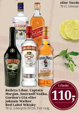 Dagli'Brugsen Baileys Likør, Captain Morgan, Smirnoff Vodka, Gordon's Gin eller Johnnie Walker Red Label Whisky tilbud