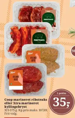 Dagli'Brugsen Coop marineret ribsteaks eller Xtra marineret kyllingebryst tilbud