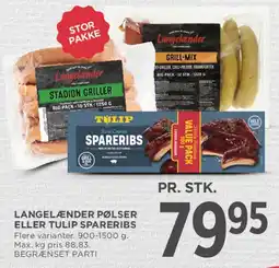 MENY Langelænder pølser eller Tulip spareribs tilbud