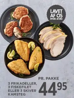 MENY 3 frikadeller, 3 fiskefileter eller 3 skiver kamsteg tilbud