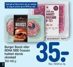 REMA 1000 Burger Boost eller REMA 1000 frossen hakket dansk oksekød tilbud