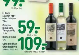 REMA 1000 El Coto Spansk rød- eller hvidvin 75 cl Crianza Rioja DOC Tempranillo tilbud