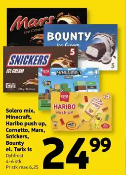 Løvbjerg Solero mix, Minecraft, Haribo push up, Cornetto, Mars, Snickers, Bounty el. Twix is tilbud