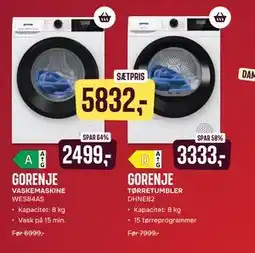 Skousen GORENJE VASKEMASKINE WES84AS + TØRRETUMBLER DHNE82 tilbud