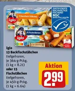 REWE DE Iglo 13 Backfischstäbchen oder 15 Fischstäbchen, EUR 2.99 tilbud