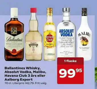 SuperBrugsen Ballantines Whisky, Absolut Vodka, Malibu, Havana Club 3 års eller Aalborg Export tilbud