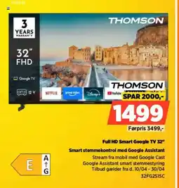 Power Thomson full hd smart google tv 32" smart stemmekontrol med google assistant tilbud