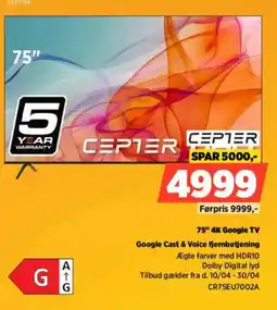 Power Cepter 75" 4k google tv google cast & voice fjernbetjening tilbud