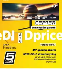 Power CEPTER 49" gaming-skærm 65W USB-C strømforsyning tilbud