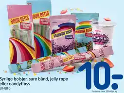 REMA 1000 Syrrlige bolsjer, sure bånd, jelly rope eller candyfloss tilbud