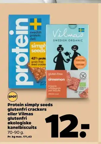 Netto Protein simply seeds glutenfri crackers eller Vilmas glutenfri økologiske kanelbiscuits tilbud