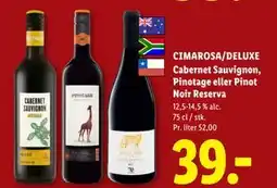 Lidl CIMAROSA/DELUXE Cabernet Sauvignon, Pinotage eller Pinot Noir Reserva tilbud