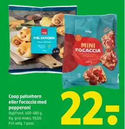 Coop 365 Coop pølsehorn eller focaccia med pepperoni tilbud
