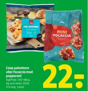 Coop 365 Coop pølsehorn eller focaccia med pepperoni tilbud