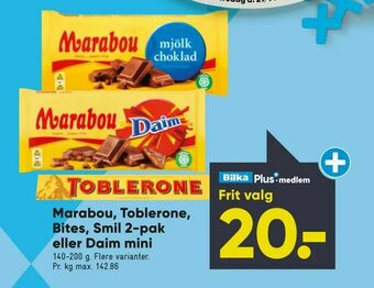 Bilka Marabou, Toblerone, Bites, Smil 2-pak eller Daim mini tilbud