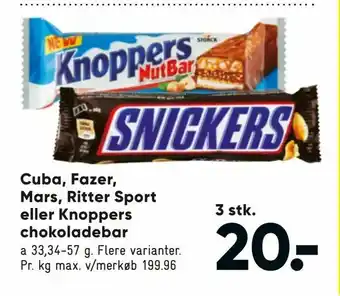 Bilka Cuba, Fazer, Mars, Ritter Sport eller Knoppers chokoladebar tilbud