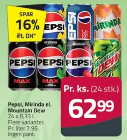 Fleggaard Pepsi / Mirinda / Mountain Dew (24 x 0,33 l) tilbud