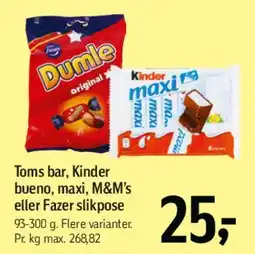 Føtex Toms bar, Kinder, M&M's eller Fazer slikpose tilbud