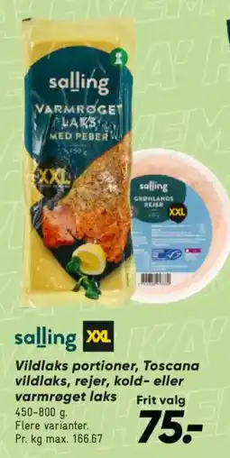 Bilka Salling Vildlaks portioner, Toscana vildlaks, rejer, kold- eller varmrøget laks tilbud