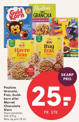 SPAR Paulúns Granola, Fras, Guld- korn eller Marvel Chocolate Stars tilbud