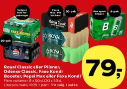 SuperBrugsen Royal Classic / Pilsner, Odense Classic, Faxe Kondi, Booster, Pepsi Max tilbud