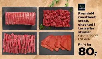 SuperBrugsen Premium roastbeef, steak, oksekød i tern eller strimler tilbud