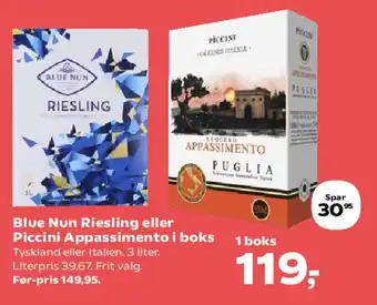 SuperBrugsen Blue Nun Riesling eller Piccini Appassimento i boks tilbud