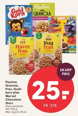 SPAR Paulúns Granola, Fras, Guldkorn eller Marvel Chocolate Stars tilbud