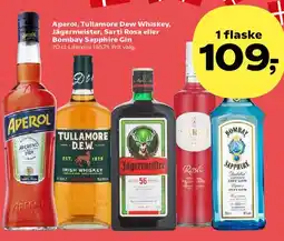 Kvickly Aperol, Tullamore Dew, Jägermeister, Sarti Rosa eller Bombay Sapphire Gin tilbud