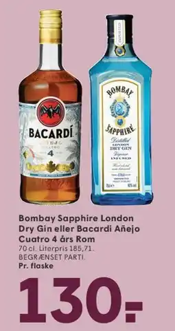 SPAR Bombay Sapphire London Dry Gin / Bacardi Añejo Cuatro 4 års Rom tilbud