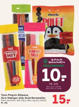 SPAR Toms Pingvin Slikpose, Go'e Stænger eller Guld Karameller tilbud