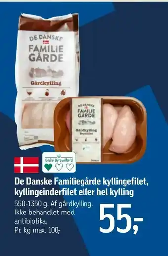 Føtex De Danske Familiegårde kyllingefilet, kyllingeinderfilet eller hel kylling tilbud