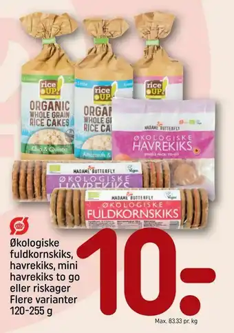 REMA 1000 Økologiske fuldkornskiks, havrekiks, mini havrekiks to go eller riskager tilbud