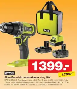 Bauhaus RYOBI Akku Bore-/skruemaskine m. slag 18V tilbud