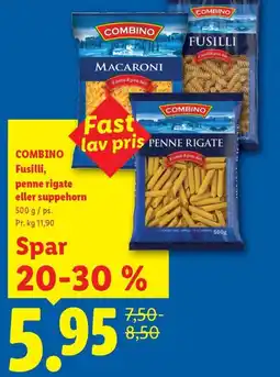 Lidl COMBINO Fusilli, penne rigate eller suppehorn tilbud