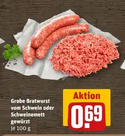 REWE DE Grobe Bratwurst vom Schwein oder Schweinemett gewürzt, EUR 0.69 tilbud