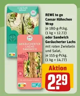 REWE DE REWE to go Caesar Hähnchen Wrap oder Sandwich Geräucherter Lachs, EUR 2.29 tilbud