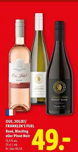Lidl OUI, JOLIE!/ FRANKLIN’S FUEL Rosé, Riesling eller Pinot Noir tilbud
