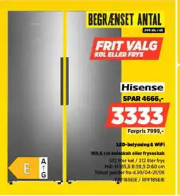 Power Hisense 185,6 cm køleskab eller fryseskab FPF185EIE/RPF185EIE tilbud
