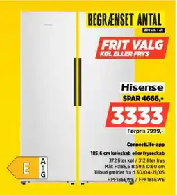 Power Hisense 185,6 cm køleskab eller fryseskab RPF185EWE/FPF185EWE tilbud