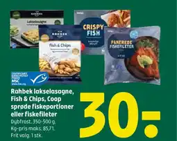 Coop 365 Rahbek lakselasagne, Fish & Chips, Coop sprøde fiskeportioner eller fiskefileter tilbud