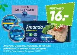 Bilka Amanda, Glyngøre, Munkebo, Bornholms eller Naturli' tune out fiskekonserves tilbud
