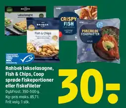 Coop 365 Rahbek lakselasagne / Fish & Chips / panerede fiskefileter tilbud