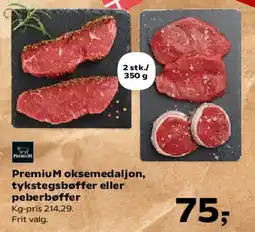 SuperBrugsen Premium oksemedaljon, tykstegs bøffer eller peberbøffer tilbud