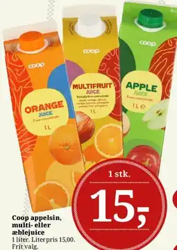 Dagli'Brugsen Coop appelsin, multi- eller æblejuice tilbud